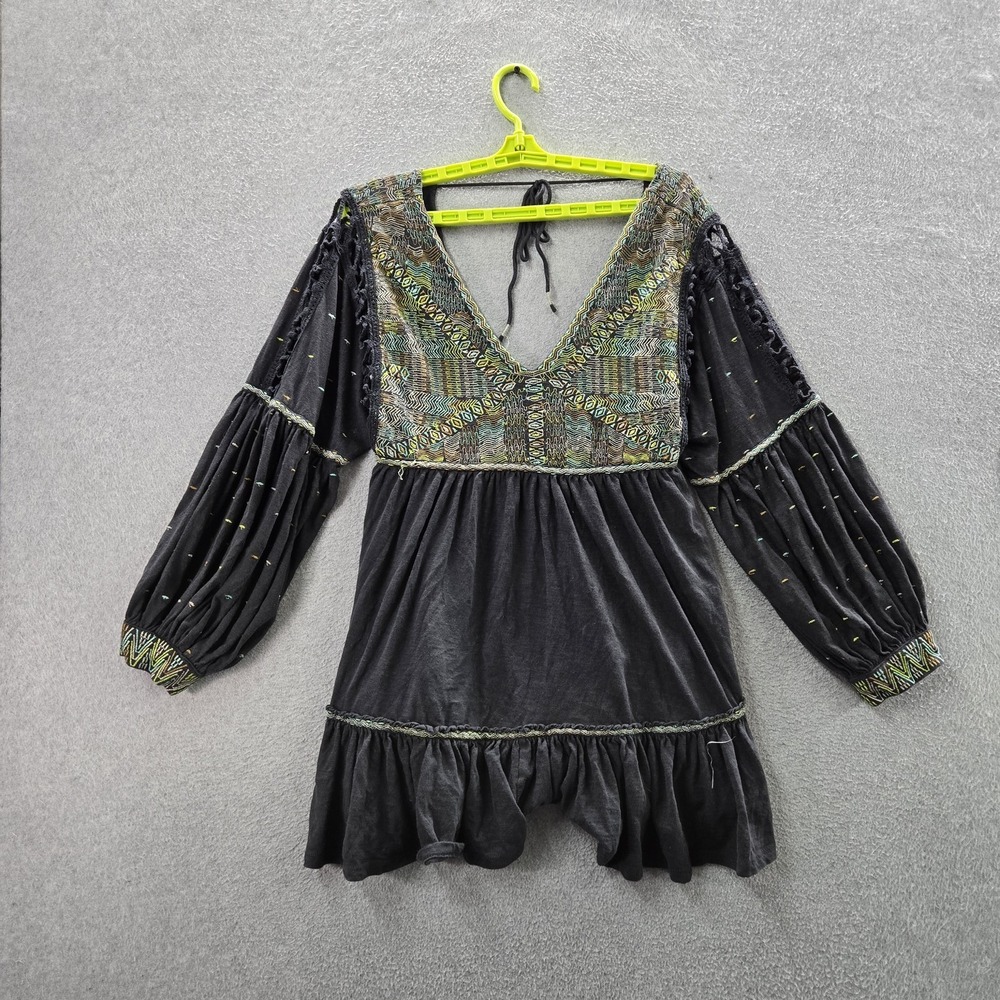 Free People Women Blouse L Black Much Love Tunic Embroidered Fairy Grunge Witchy
